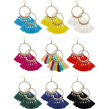 9 Pairs Tassel Hoop Earrings Bohemia Fan Shape Drop Earrings Dangle Hook Eardrop for Women Girls Par | Walmart (US)