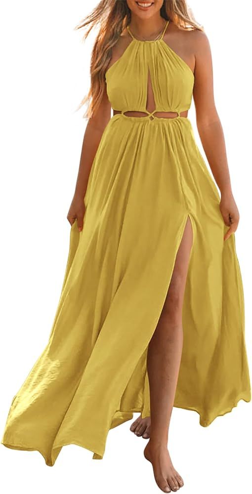 BTFBM Women 2024 Summer Sleeveless Halter Maxi Dress Cutout Backless Slit Boho Party Cocktail Cas... | Amazon (US)