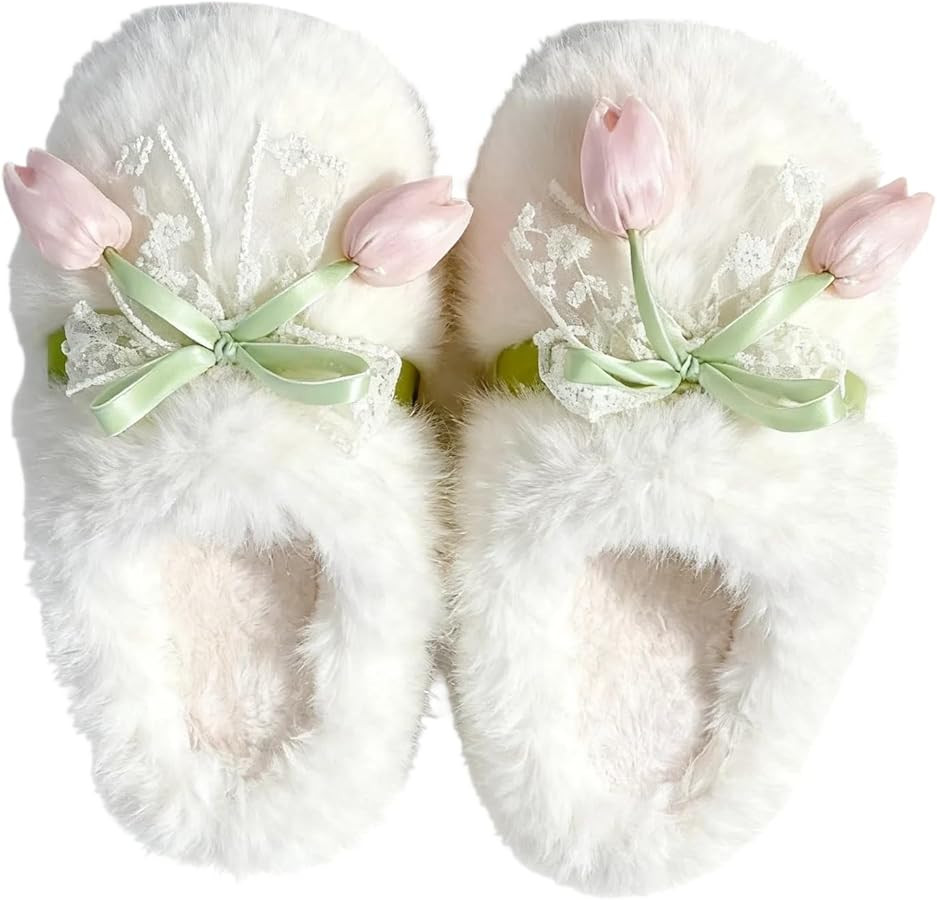 Cute Flower Slippers for Women Fuzzy Plush House Shoes with Tulip Decoration | Amazon (US)