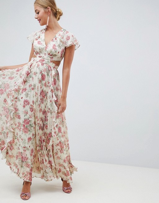 ASOS DESIGN pleated ruffle maxi dress with cut out in floral print | ASOS US