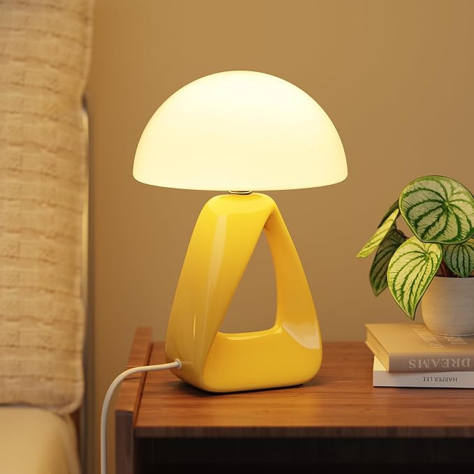 Mushroom Lamp, Small Table Lamp for Bedroom, Creative Geometric Ceramic Base Bedside Lamp, Mid Ce... | Amazon (US)