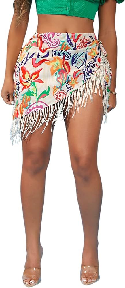 MakeMeChic Women's Floral Tie Side Wrap Tassel Mini Skirt Cover Up Beach Skirt | Amazon (US)