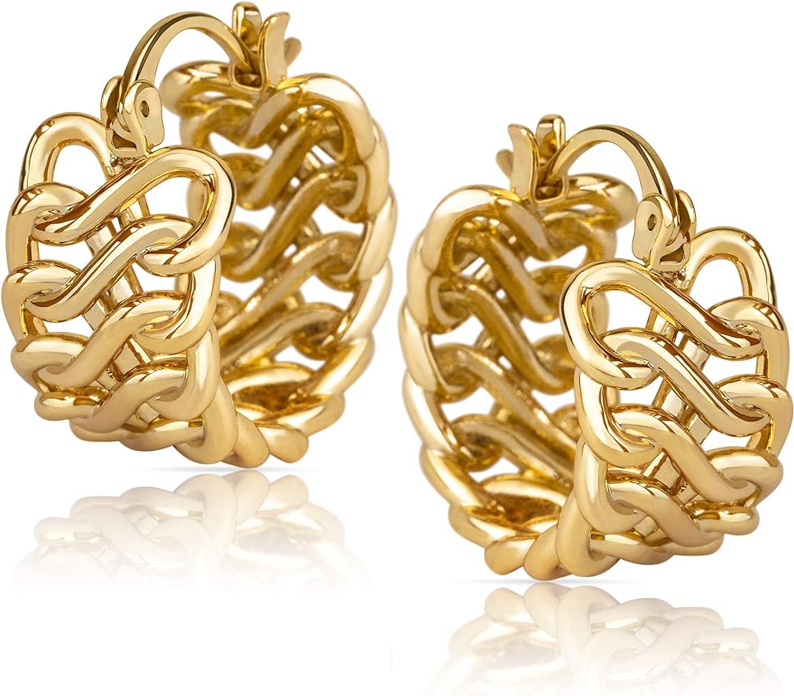 14k Gold Braided Huggie Hoop Earrings for Women, Gold Chunky Hoops, Gold Huggie Earrings for Wome... | Amazon (US)