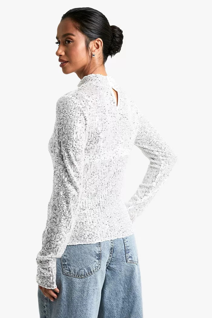 Petite Sequin High Neck Long Sleeved Top | boohoo (US & Canada)