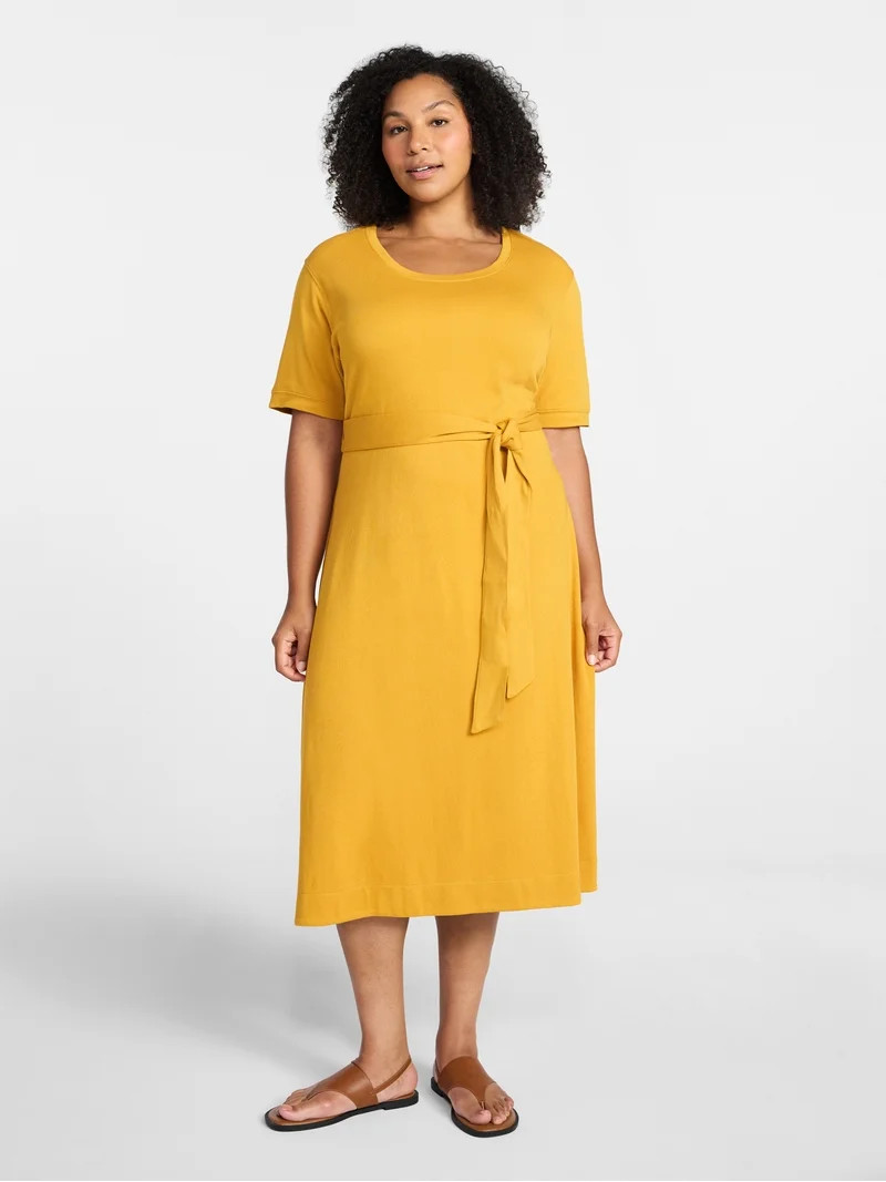 Time and Tru Women's Cotton Tie Front Midi Dress with Short Sleeves, Sizes XS-XXXL | Walmart (US)