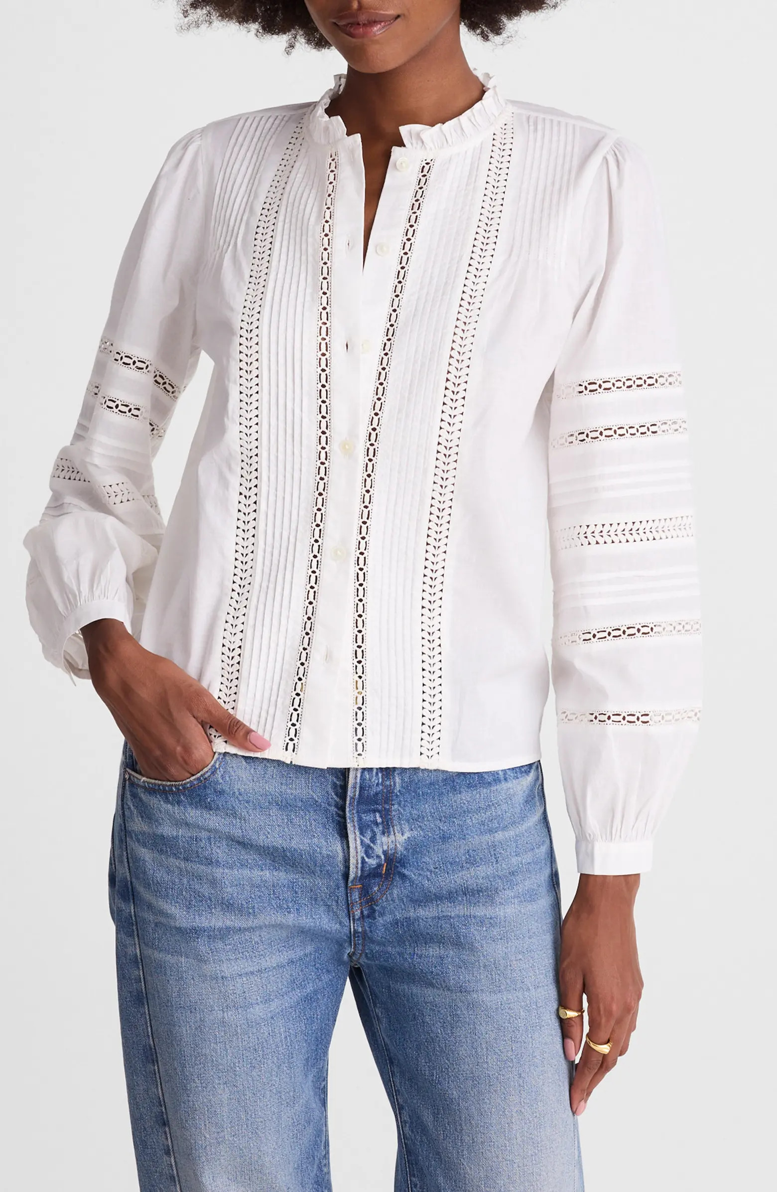 High Neck Lace Detail Pintuck Cotton Top | Nordstrom