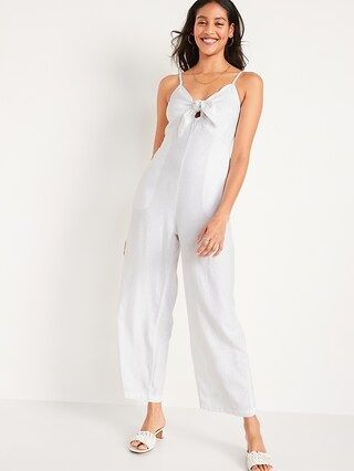 Cropped Smocked Knotted Linen-Blend Cami Wide-Leg Jumpsuit for Women | Old Navy (US)