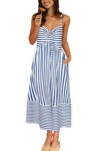 Fashionme Womens Summer Maxi Dresses 2026 Trendy Striped Vacation Boho Beach Spaghetti Strap Sund... | Amazon (US)