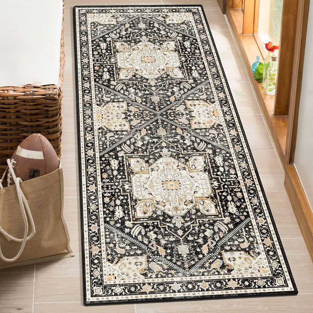 MUJOO Washable Runner Rug,Black Boho Area Rugs for Bathroom Hallways Bedroom Kitchen Entryway,Non... | Amazon (US)