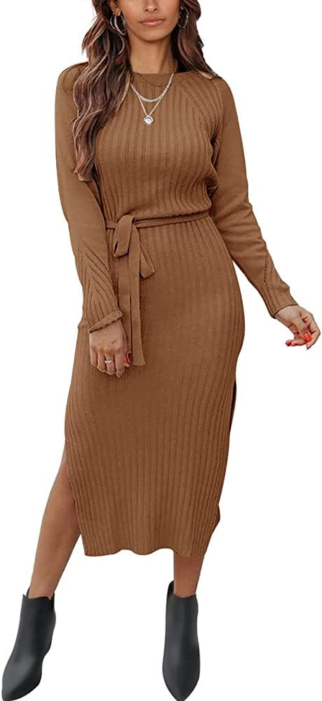 PRETTYGARDEN Women's Long Sleeve Crewneck Two Side Slit Tie Waist Slim Fit Sweater Dress Ribbed Knit | Amazon (US)
