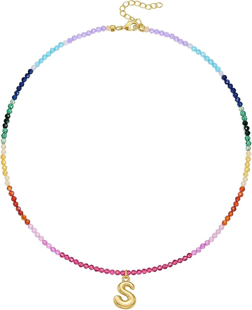 KissYan Beaded Initial Necklace for Women, 14K Gold Plated Bubble Letter Pendant Rainbow Gemstone... | Amazon (US)