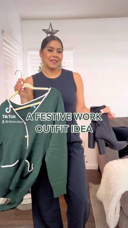 Holiday workwear, Festive workwear, dark green cardigan, black trousers, holiday office outfit

#LTKSeasonal #LTKHoliday #LTKstyletip