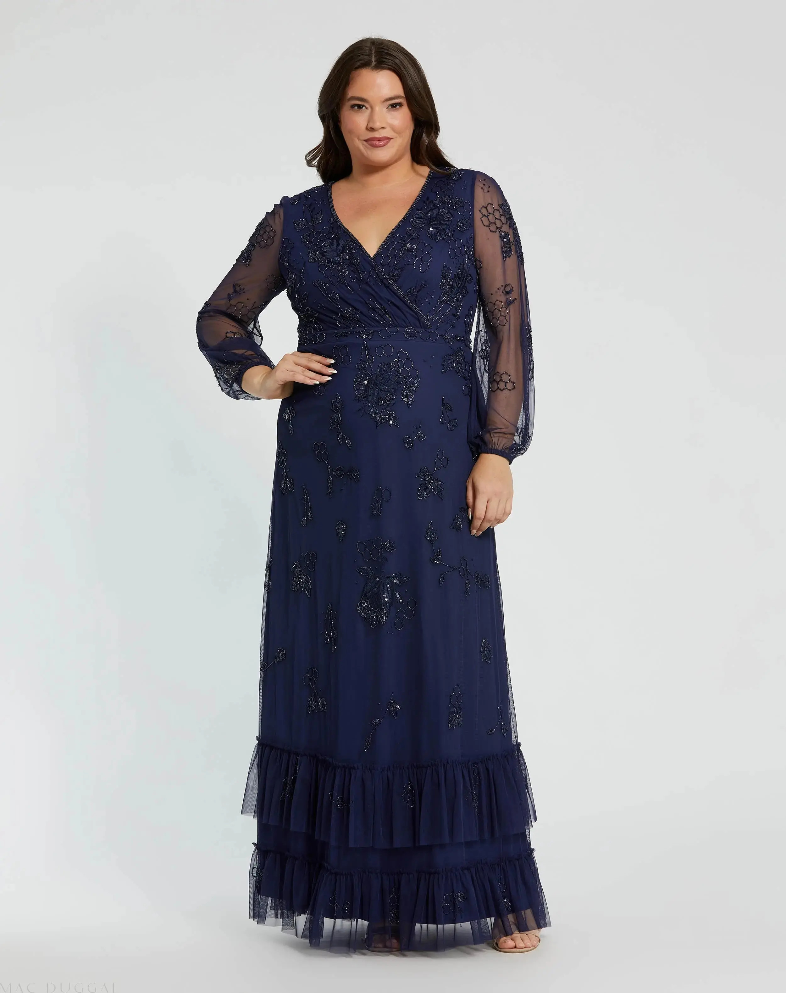 Navy Puff Sleeve V-Neck Tiered Embellished Gown (Plus) | Mac Duggal | Mac Duggal