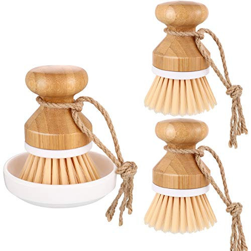 Boao 3 Pieces Bamboo Dish Scrub Brush Natural Wooden Kitchen Cleaning Scrubbers Durable Bamboo Palm Household Pot Scrubber Brush and 1 Holder for Dishes Pots Pans Kitchen Sink Cleaning | Amazon (US)