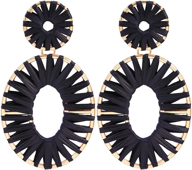 BaubleStar Raffia Tassel Hoop Drop Earrings Handmade Fashion Statement Jewelry for Women | Amazon (US)