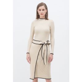 Contrast Edge Flap Front Tie Bow Knit Dress | Chicwish
