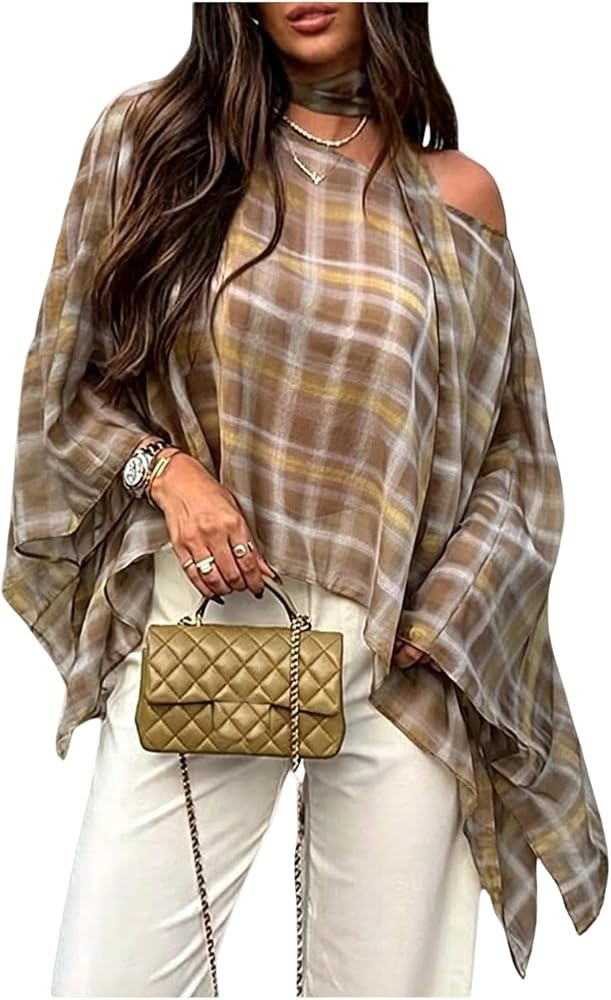 MakeMeChic Women's Plaid Scarf Shirt Poncho Top Fall Outfits | Amazon (US)