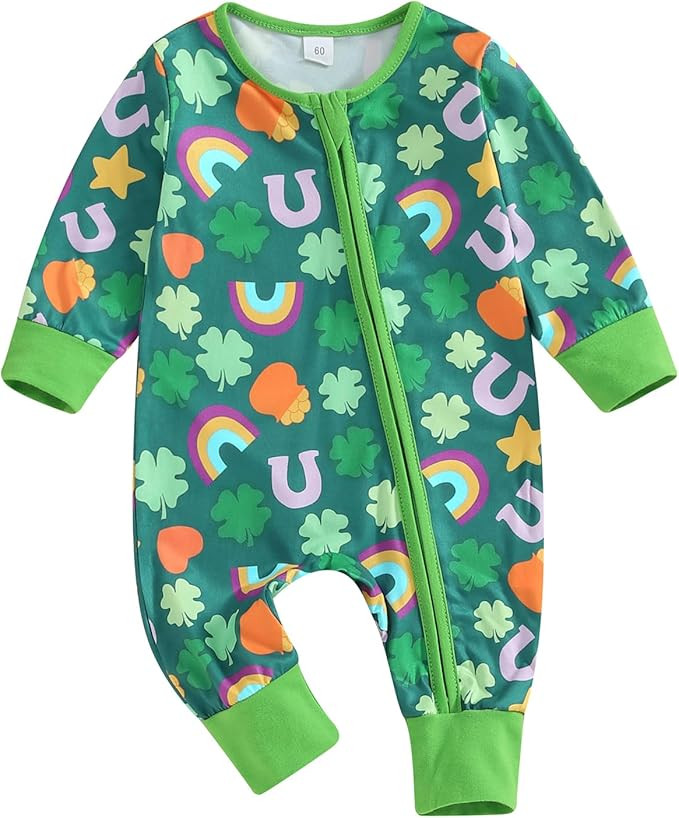 Newborn Baby Girl Boy St. Patricks Day Outfit Four Leaf Clover Romper Green Long Sleeve Bodysuit ... | Amazon (US)