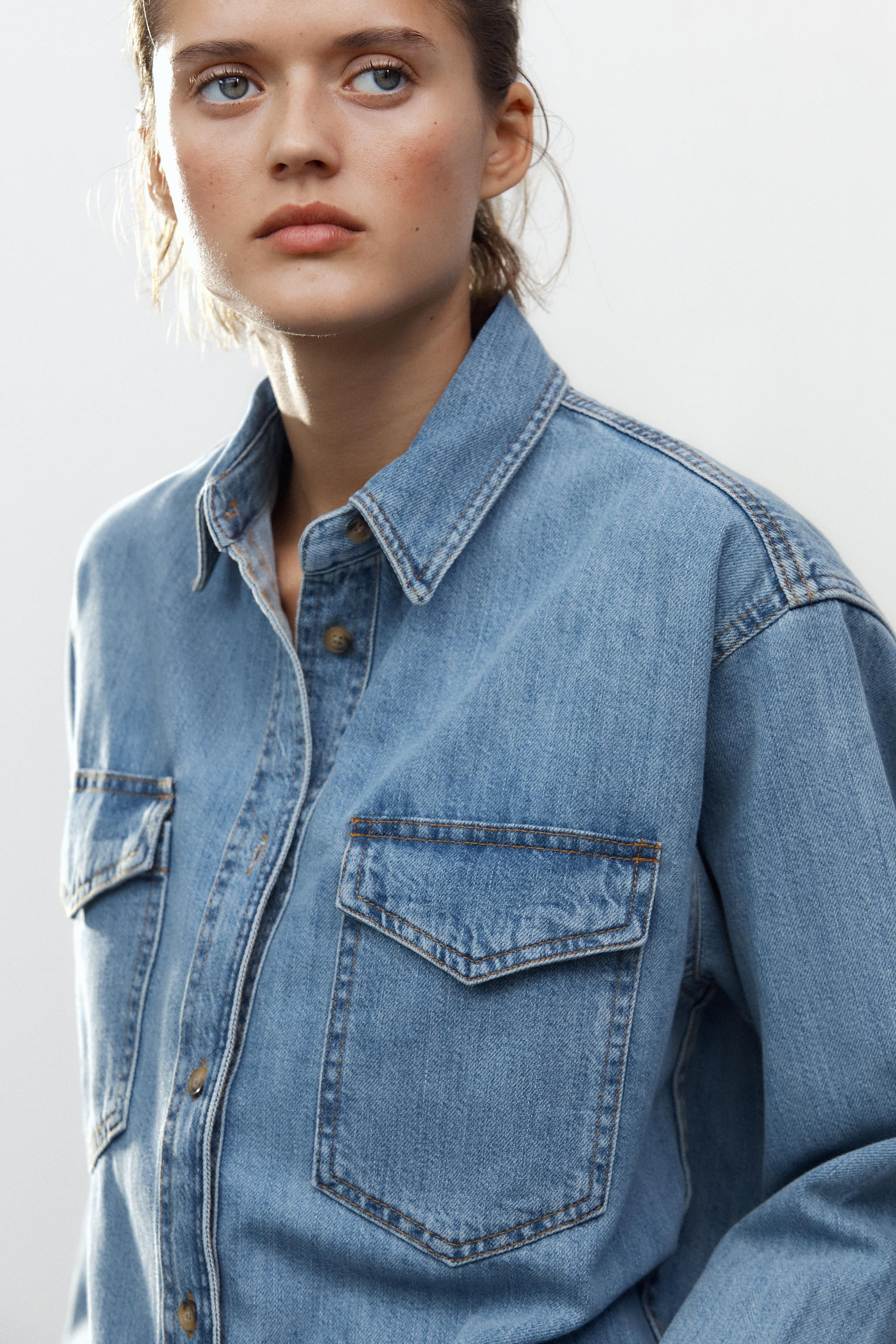ZARA WOMAN COLLECTIONDenim shirt with a lapel collar and long sleeves with cuffs. Flap patch pock... | Zara UK