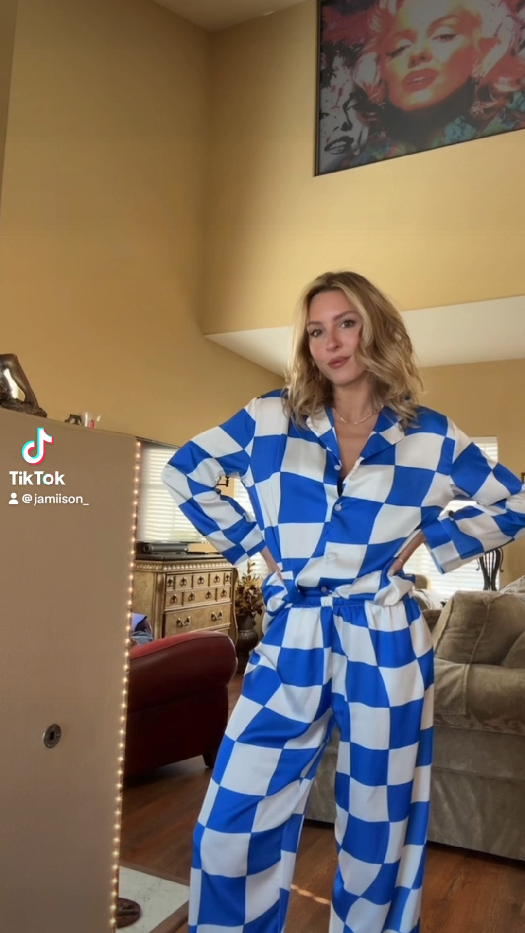 Satin Blue Plaid Pjs! Super lightweight and comfy and comes in multiple colors:) I’m 5’6 wearing size small 

#LTKCyberWeek #LTKFindsUnder50 #LTKVideo