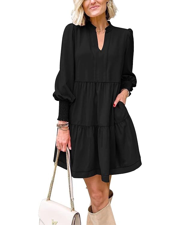 Imily Bela Womens Fall Long Sleeve Tunic Dress Casual V Neck Loose Ruffle Tiered Dress | Amazon (US)