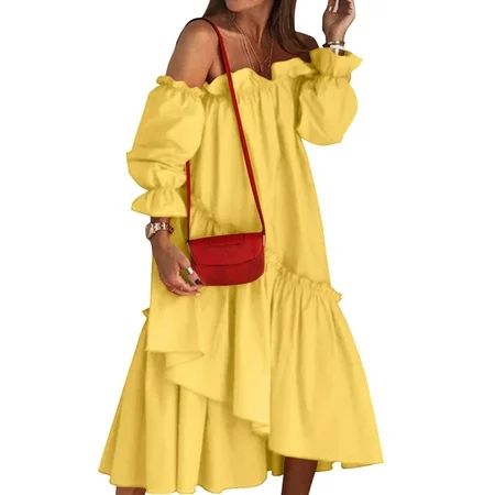 Women s Casual Off Shoulder Ruffles Layered Dress Long Flare Sleeve Loose Party Dress | Walmart (US)