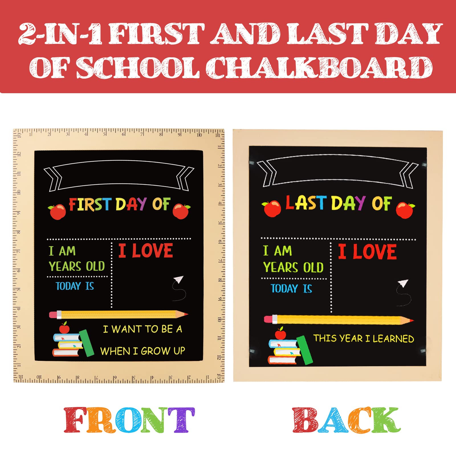 First and Last Day of School Board - First Day of School Sign with Wooden Ruler Frame - 1st Day o... | Amazon (US)