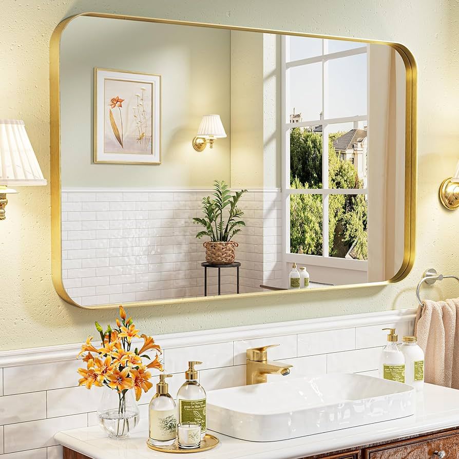 Gold Bathroom Mirror 55x30 Inch, Gold Wall Mirror Brass Brushed Metal Frame Mirror Large Rounded ... | Amazon (US)