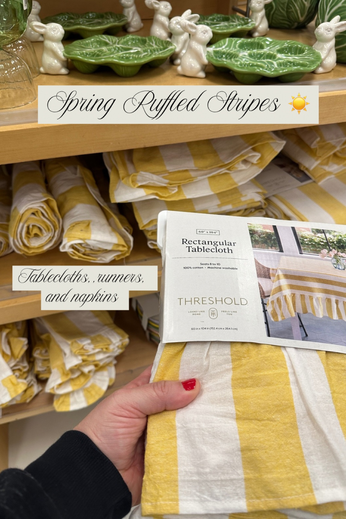 All the sunny striped, ruffled tablecloths, runner, and napkins! 

#LTKHome #LTKSeasonal