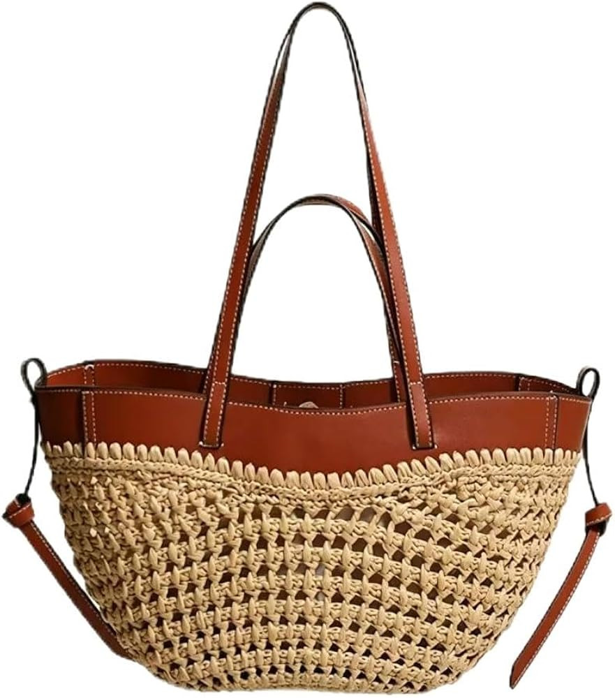 Woven Straw Summer Tote Bag with Leather Trim, Lightweight Beach | Amazon (US)