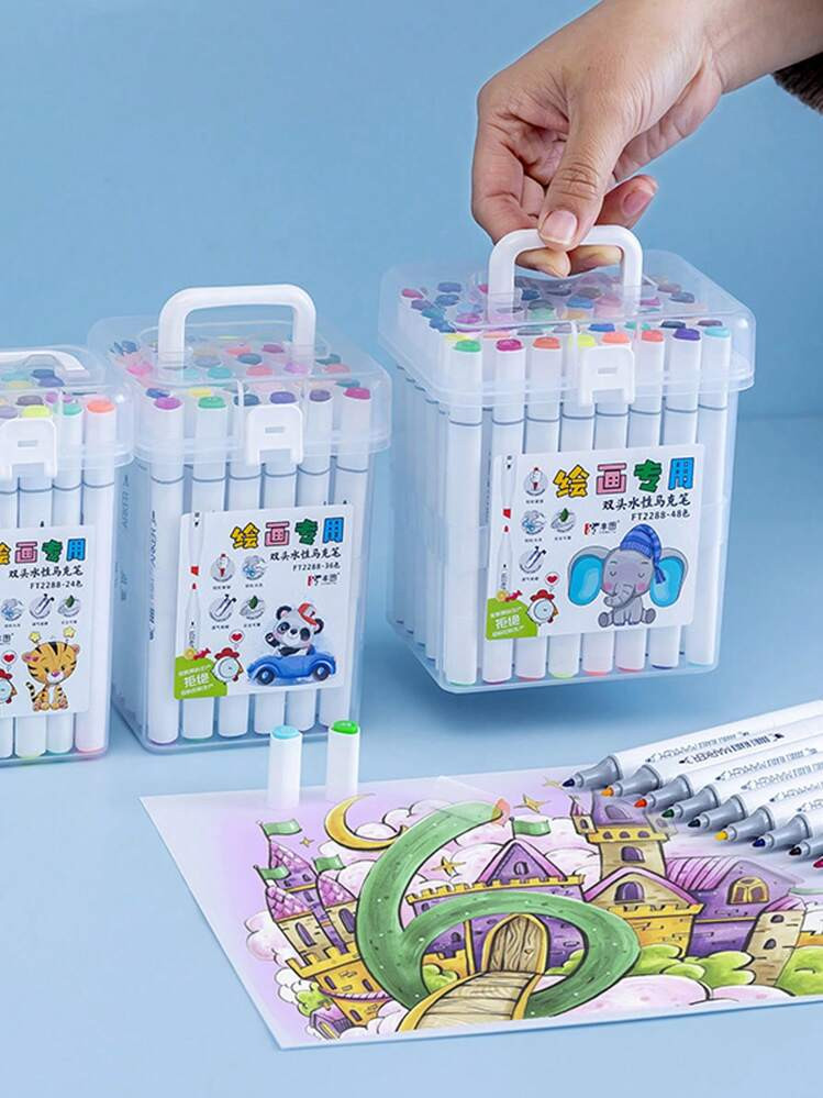 Washable Box Of 12/24/36/48 Colors Markers, Children's Painting Brushes, Student Double-Headed Wa... | SHEIN