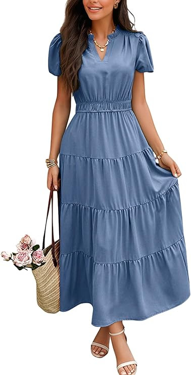 ECOWISH Womens Midi Dress Summer Casual A Line Maxi Shirt Dresses Spring Short Sleeve Button Fron... | Amazon (US)