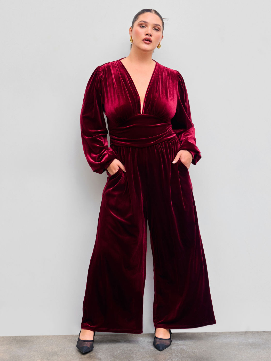 Velvet Velvet V-neck Solid Ruched Pocket Wide Leg Jumpsuit Curve & Plus For Work | Cider