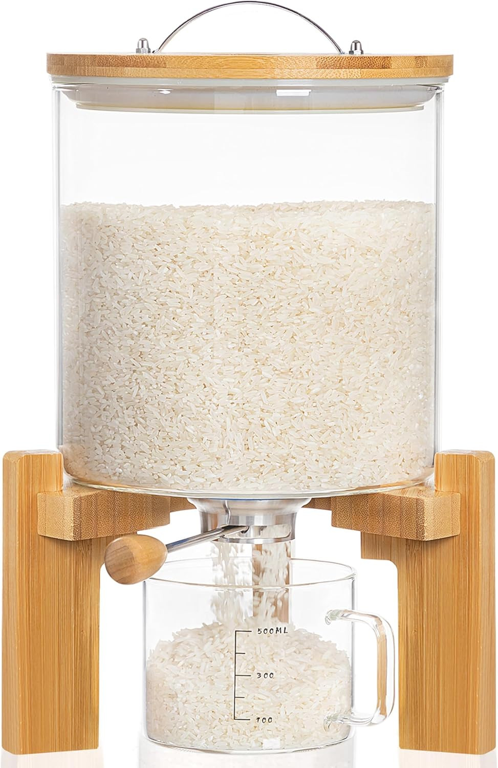 HBlife 8-10 Lbs Glass Rice Dispenser with Wooden Stand Flour and Cereal Container with Glass Measuring Cup Pantry Food Organization Storage Bin with Airtight Bamboo Lid, 5L | Amazon (US)