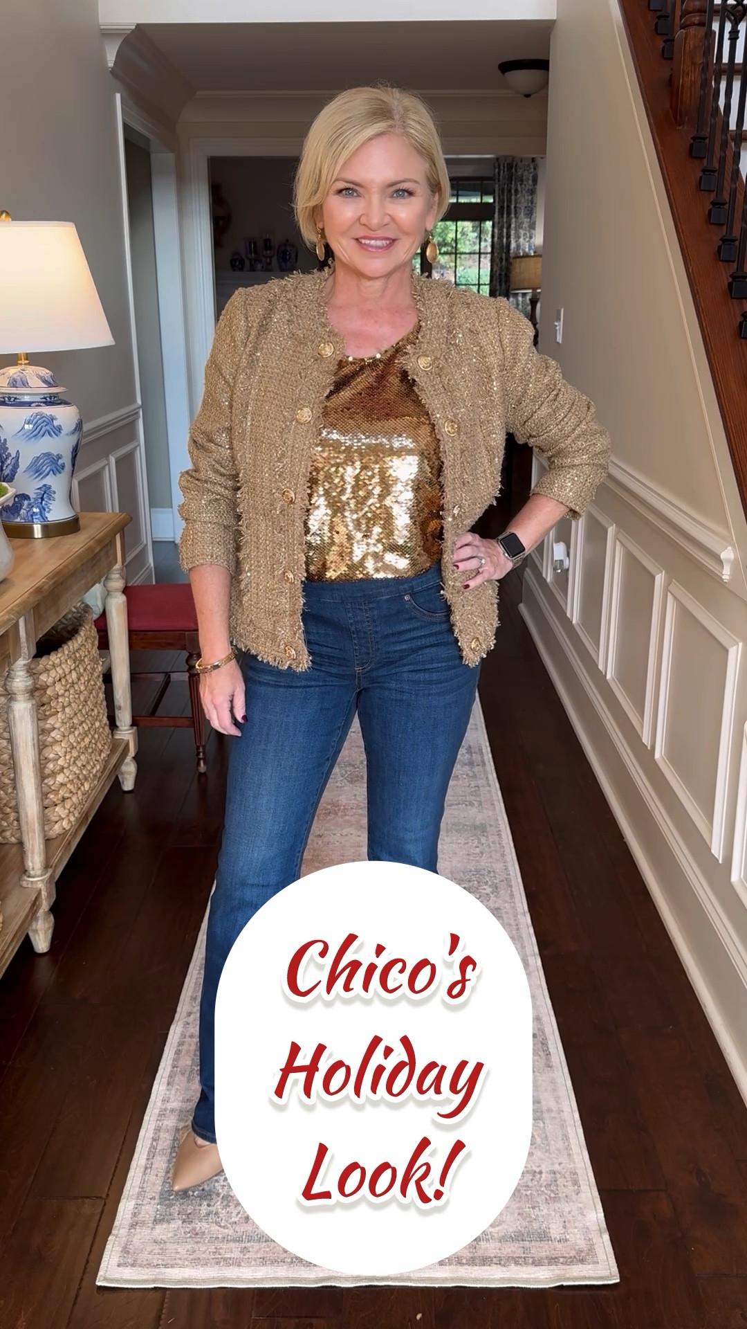 Go for the Gold! In these pieces from Chico's holiday collection! The jacket is a show-stopper with gold sequins scattered throughout.  Dress it down with jeans or dress it up with black, gold or ivory pants. I'm wearing Small tank & jacket, 00 Reg jeans & pants. 

#makingspiritsbright
#chicospartner
#lovechicos

Holiday party
Holiday outfit
Sequins
Blazer
Holiday dress
Over 50

#LTKOver40 #LTKHoliday #LTKWatchNow