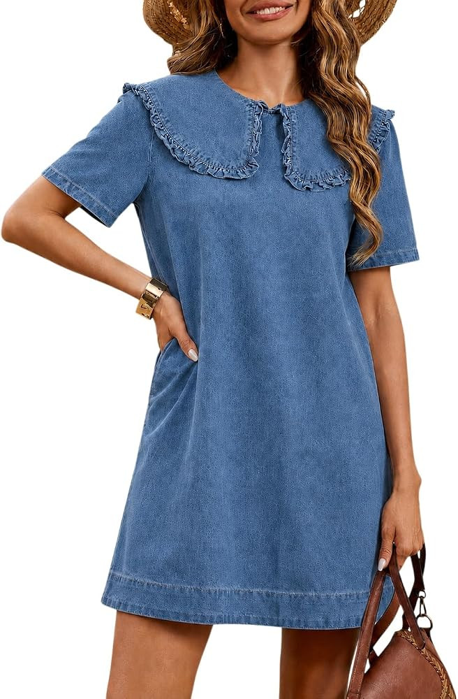 Kedera Denim Dress for Women Peter Pan Collar Jean Mini Dress with Pockets | Amazon (US)