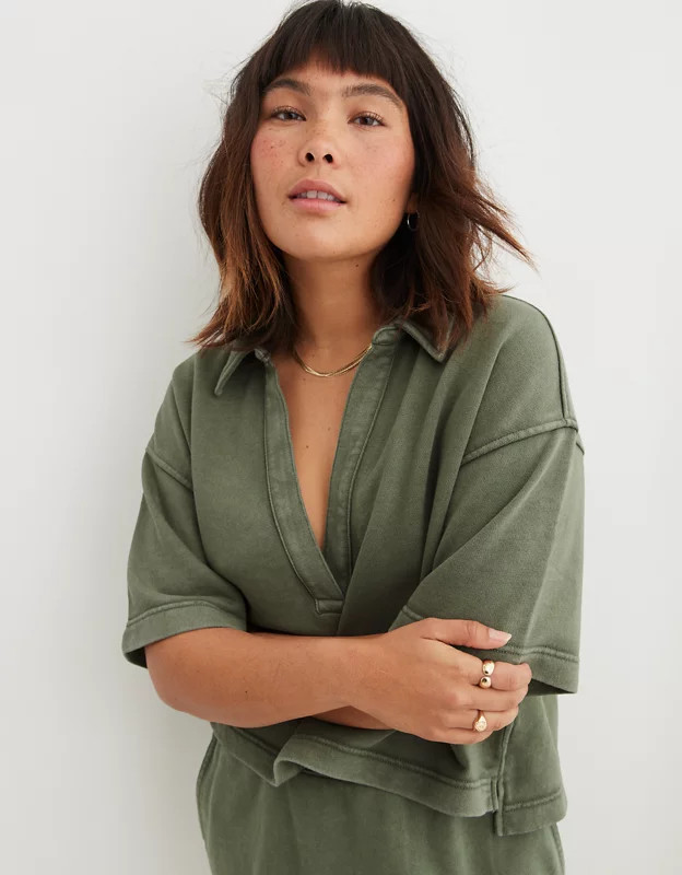 Aerie Short Sleeved Polo Sweatshirt | American Eagle Outfitters (US & CA)