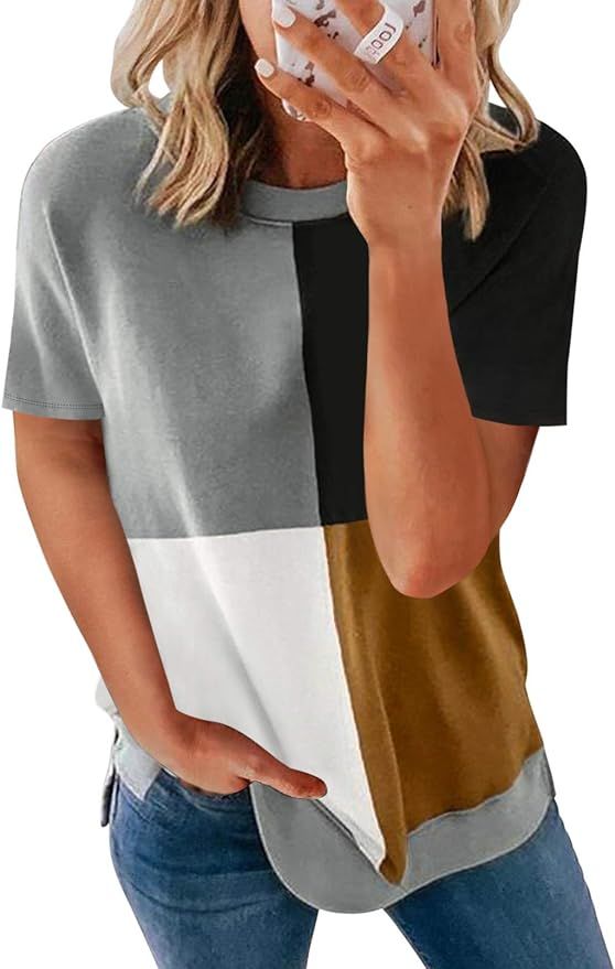 Biucly Women's Short Sleeve Crewneck Shirts Loose Casual Tee T-Shirt | Amazon (US)