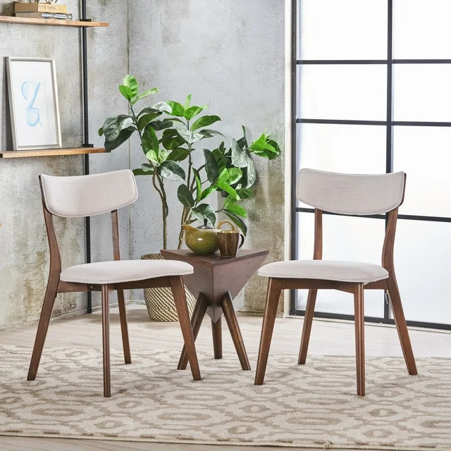 Noble House Sadie Indoor Mid-Century Fabric Dining Chairs, Set of 2, Beige, Walnut | Walmart (US)