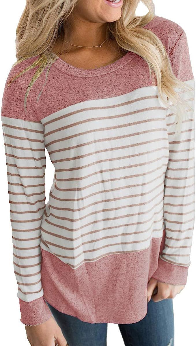 Vemvan Womens Long Sleeve Round Neck T Shirts Color Block Striped Causal Blouses Tops | Amazon (US)