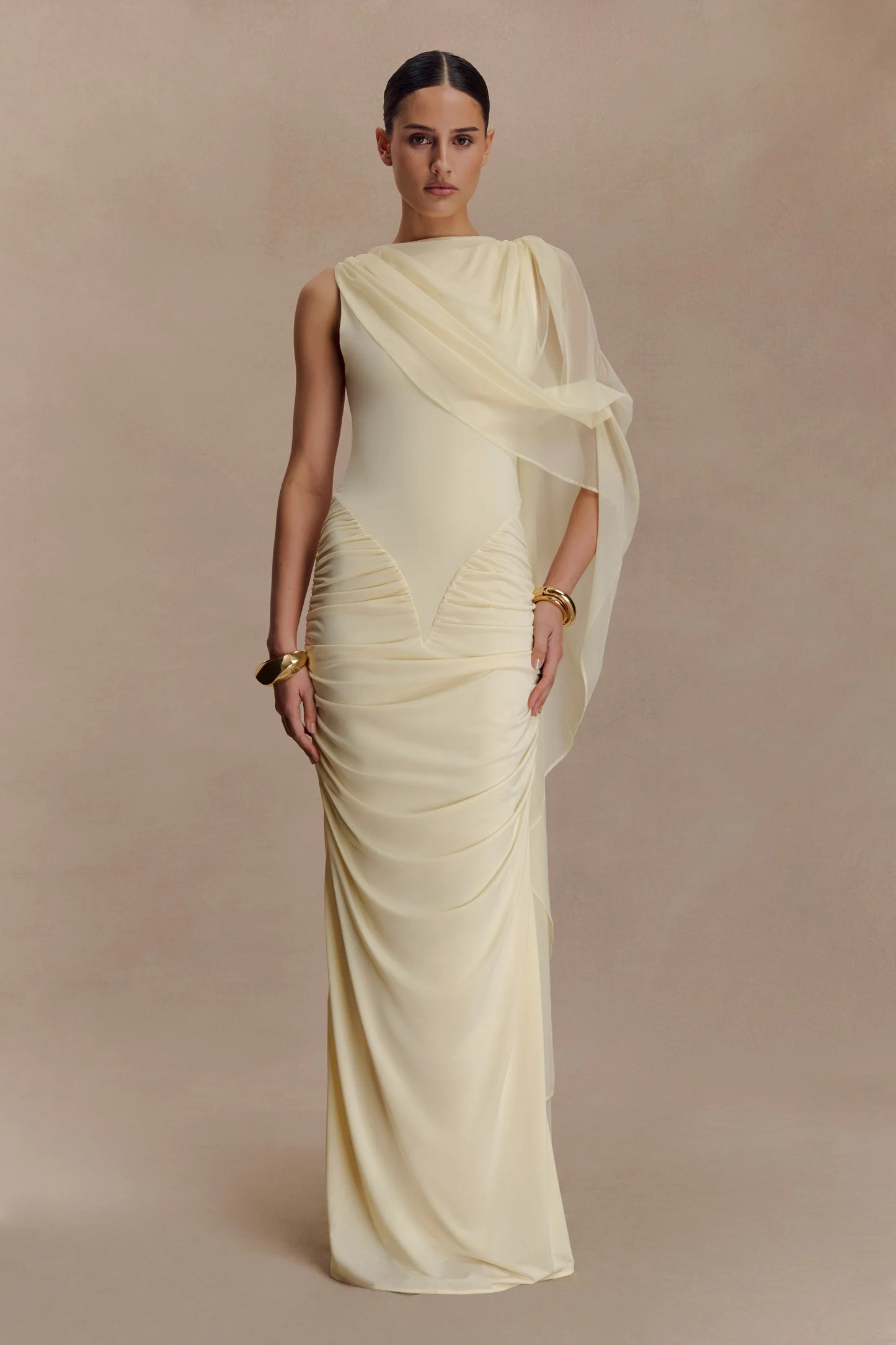 Amandine Ruched Slinky Maxi Dress - Lemon | Meshki UK