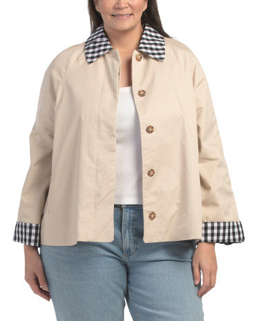 Plus Swing Jacket With Gingham Trim For Women, Cotton/Polyester | TJ Maxx