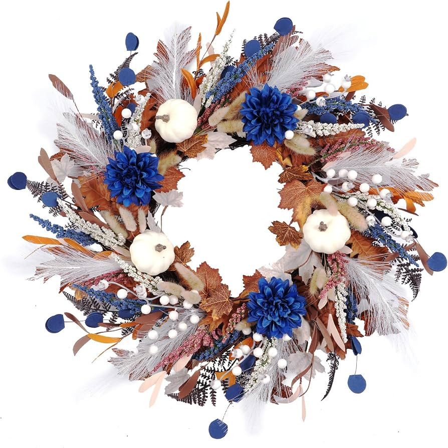 Blue Dahlias Maple Leaves Wheat Autumn Artificial Home Decor for Thanksgiving Halloween Indoor Ou... | Amazon (US)