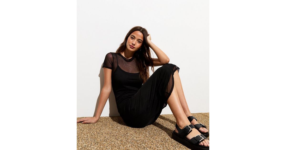 Black Short Sleeve Mesh Midi Dress | New Look | New Look (UK)
