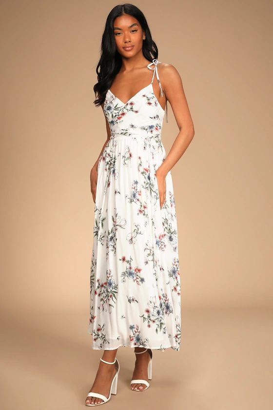 Meadow Flowers White Multi Floral Dress White Maxi Dress White Dress Maxi Bridal Shower Dress Guest | Lulus