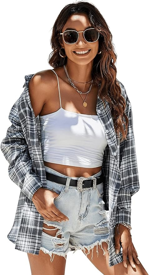 SweatyRocks Women's Long Sleeve Collar Long Button Down Plaid Shirt Blouse Tops | Amazon (US)