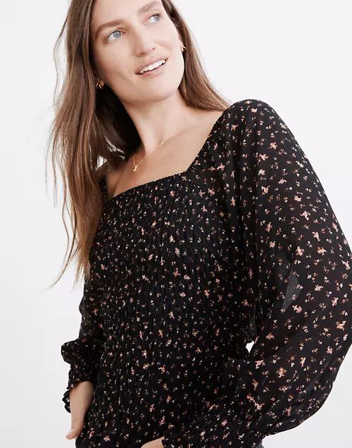 (Re)sourced Georgette Lucie Bubble-Sleeve Smocked Top in Stem Scatter | Madewell