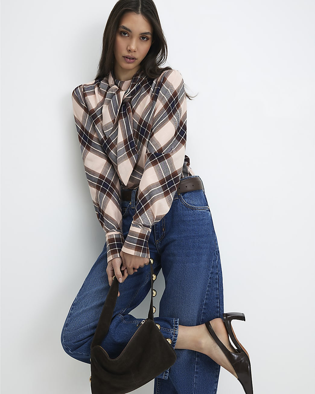 Pink Check Print Long Sleeve Blouse | River Island UK & IE