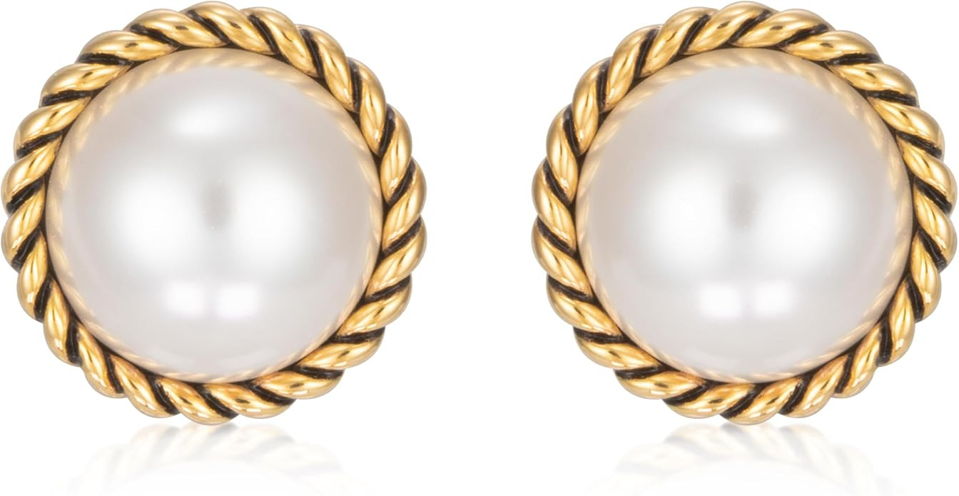 Big Pearl Earrings for Women - Dainty Elegant Gold Statement White Pearl Stud Earrings | Amazon (US)