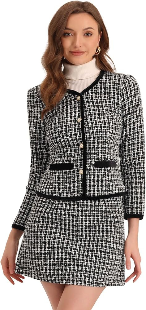 Allegra K Business Suit Set for Women's 2 Piece Outfits Plaid Tweed Easter Short Blazer Jacket an... | Amazon (US)
